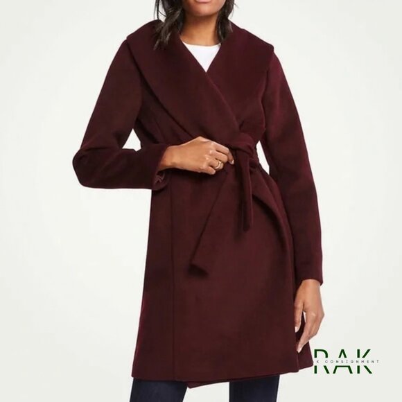ANN TAYLOR Rich Burgundy Belted Double-Faced Blanket Wool CoatSize S$200